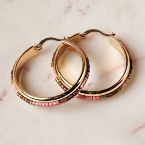 Pretty Gold Toned Boho Chic Pink and Brown Beaded Hoop Earrings